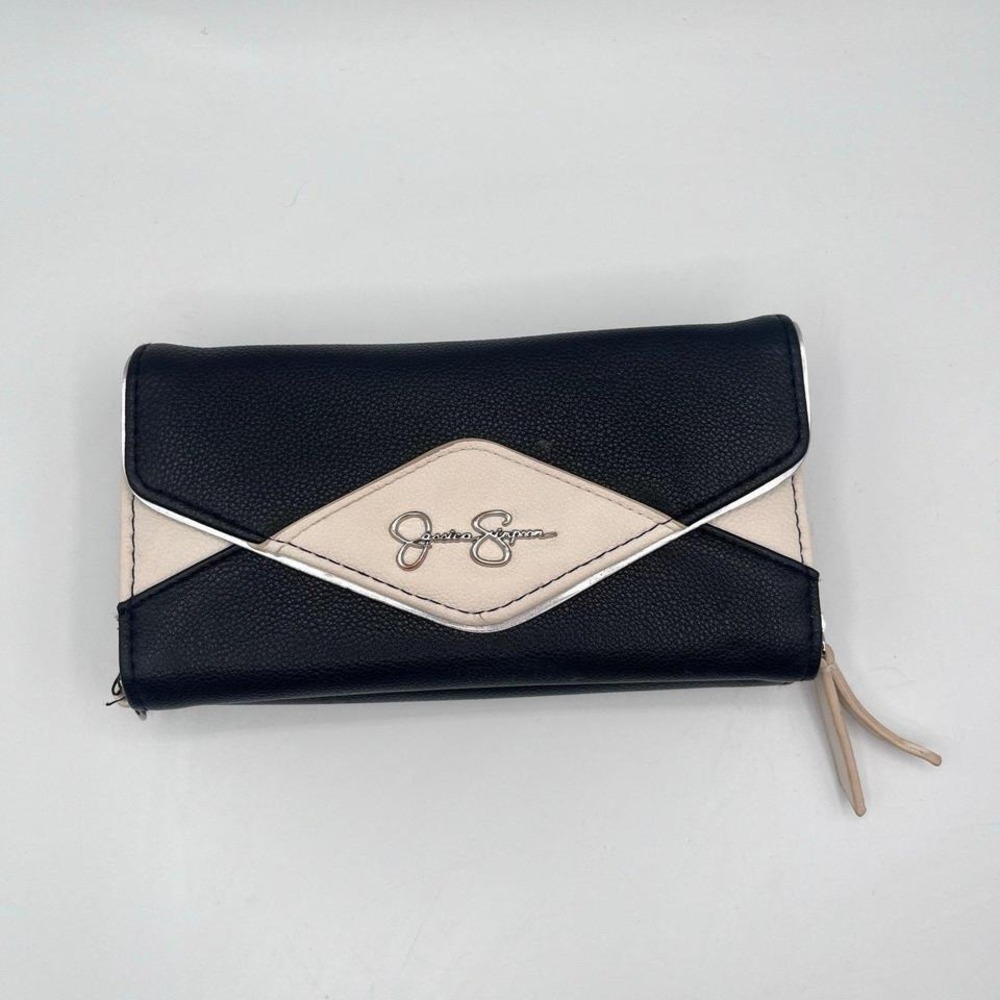 Jessica Simpson Black Beige Trifold Wallet Clutch Zip Around Checkbook Style